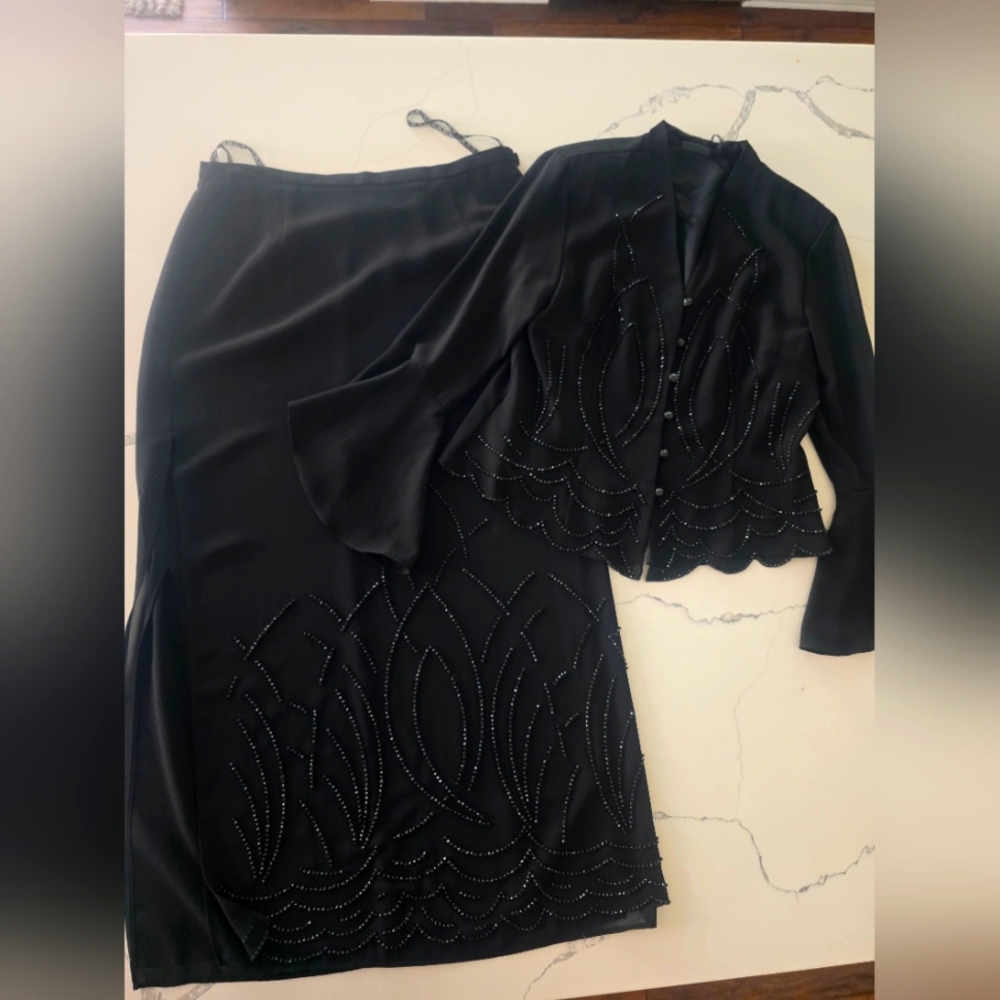 dressbarn Black Beaded Dress Suit Skirt Set with Embellishments size16